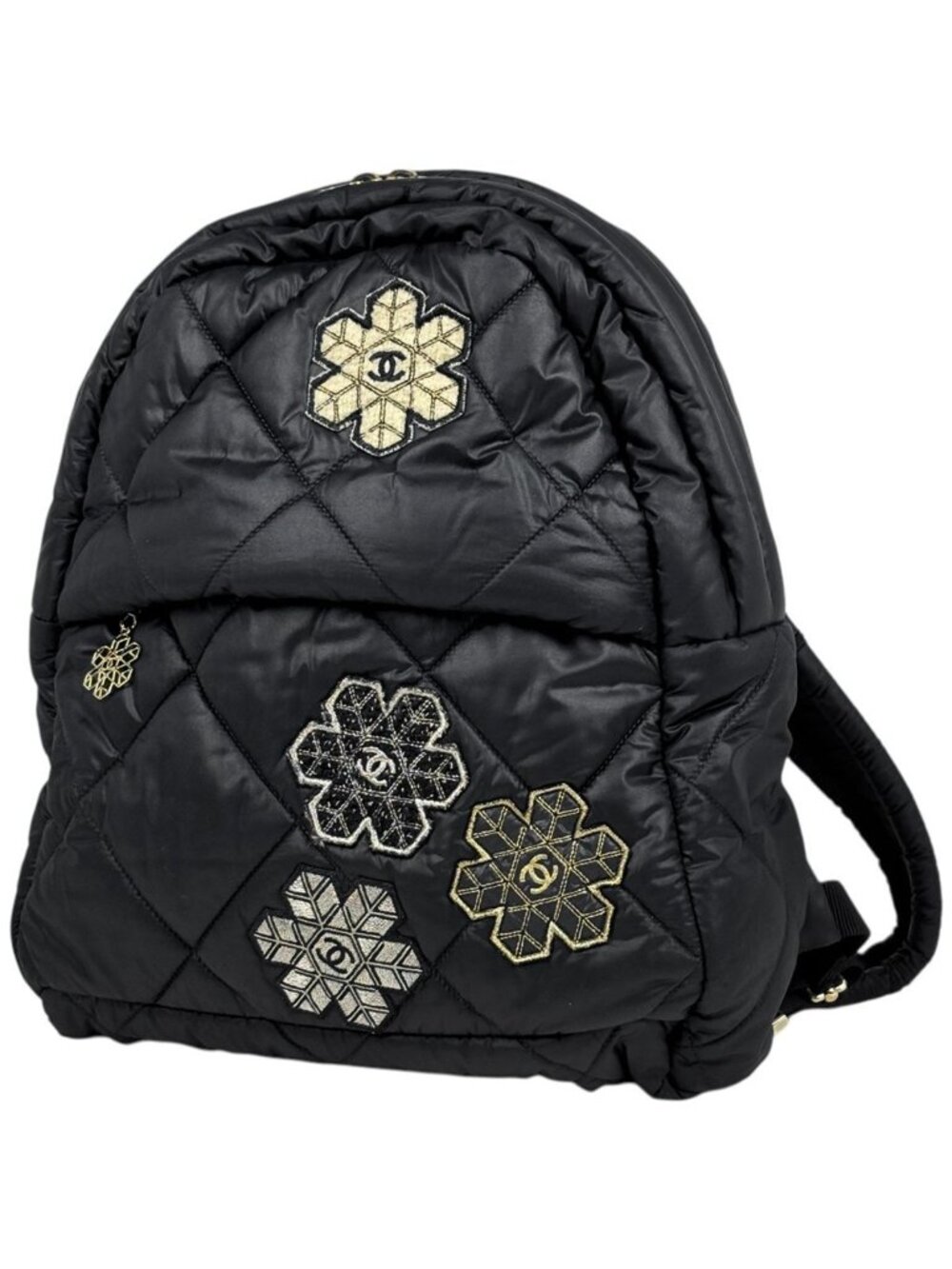 Chanel Backpack Quilted Snowflake Patch CC Logo Nylon Black